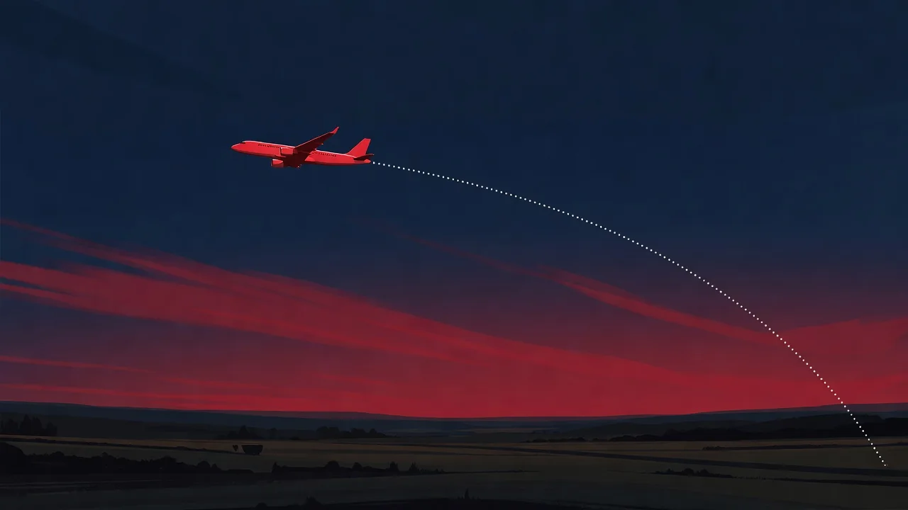 Red plane flying a steady automated course over the evening sky