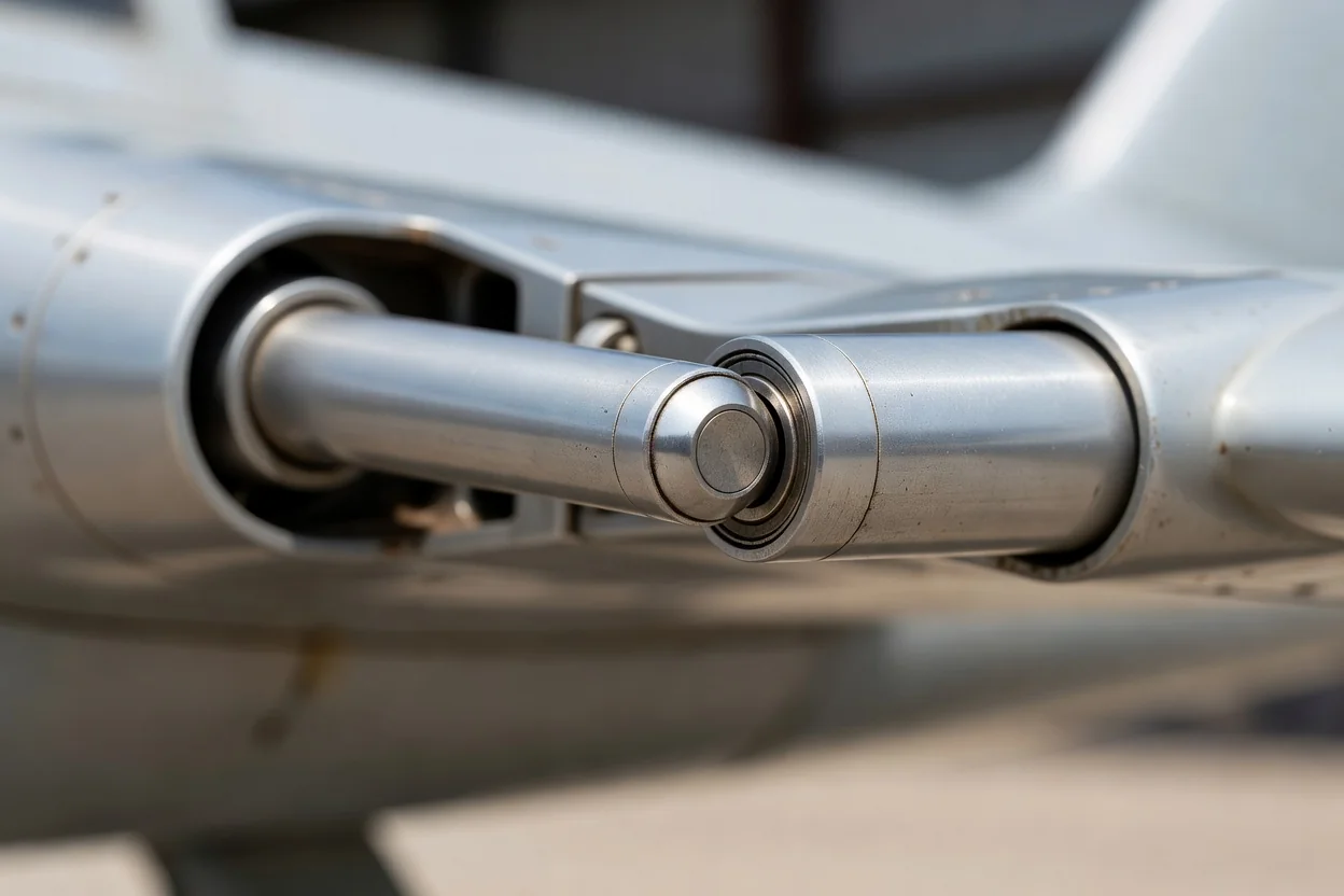 Composite ultralight wing root and control surfaces laid open on a maintenance stand with inspection mirrors and feeler gauges positioned at hinge points