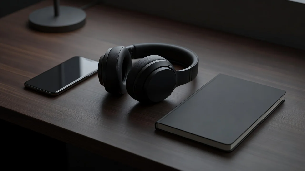 A smartphone lying face down on a dark desk next to headphones and a blank notebook