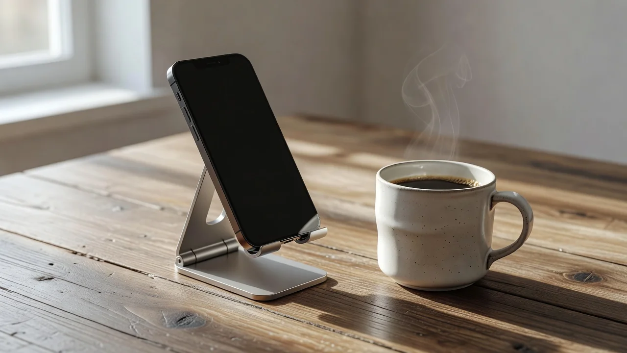 A smartphone on a stand beside a cup of coffee in morning light