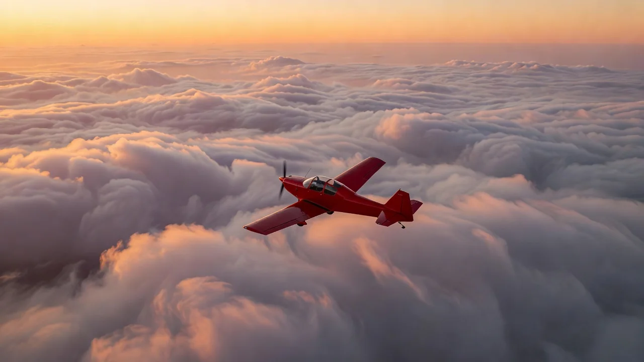 A small red plane banking gently above a sea of evening clouds