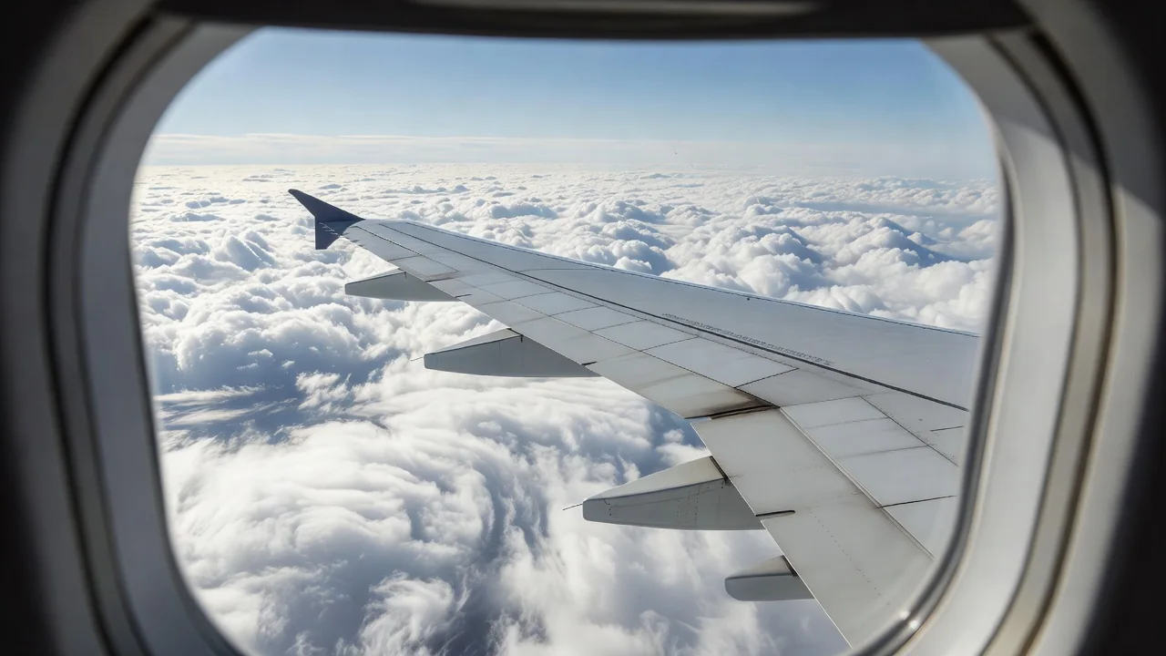 A view from an airplane window over an endless cloud sea at cruising altitude