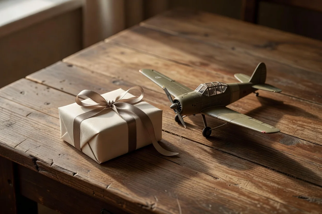 A small wrapped gift box beside a model airplane on a wooden table