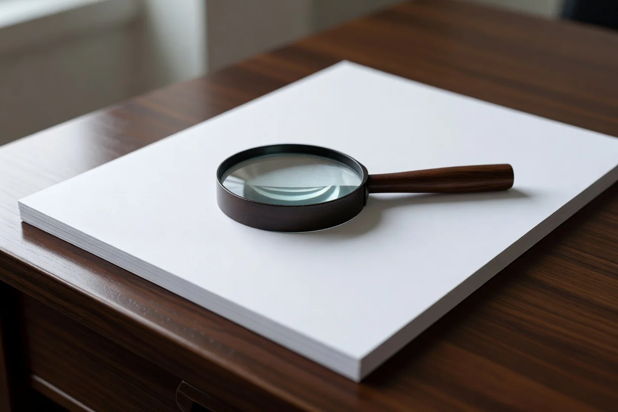 A magnifying glass lying on blank paper sheets on a desk