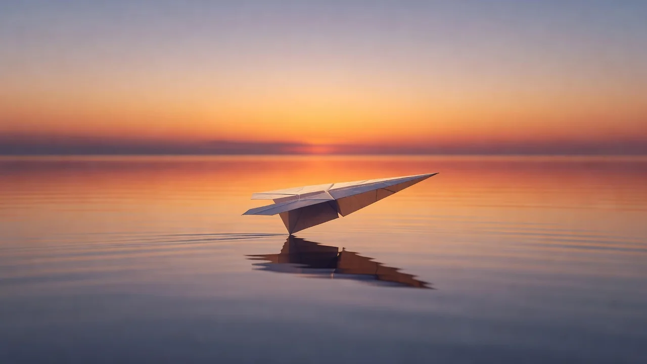 A paper airplane gliding low over a calm sea at dusk
