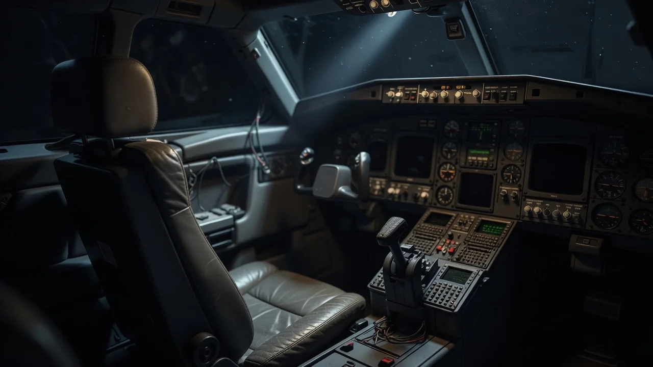 An empty pilot seat and control yoke inside a dim training cockpit