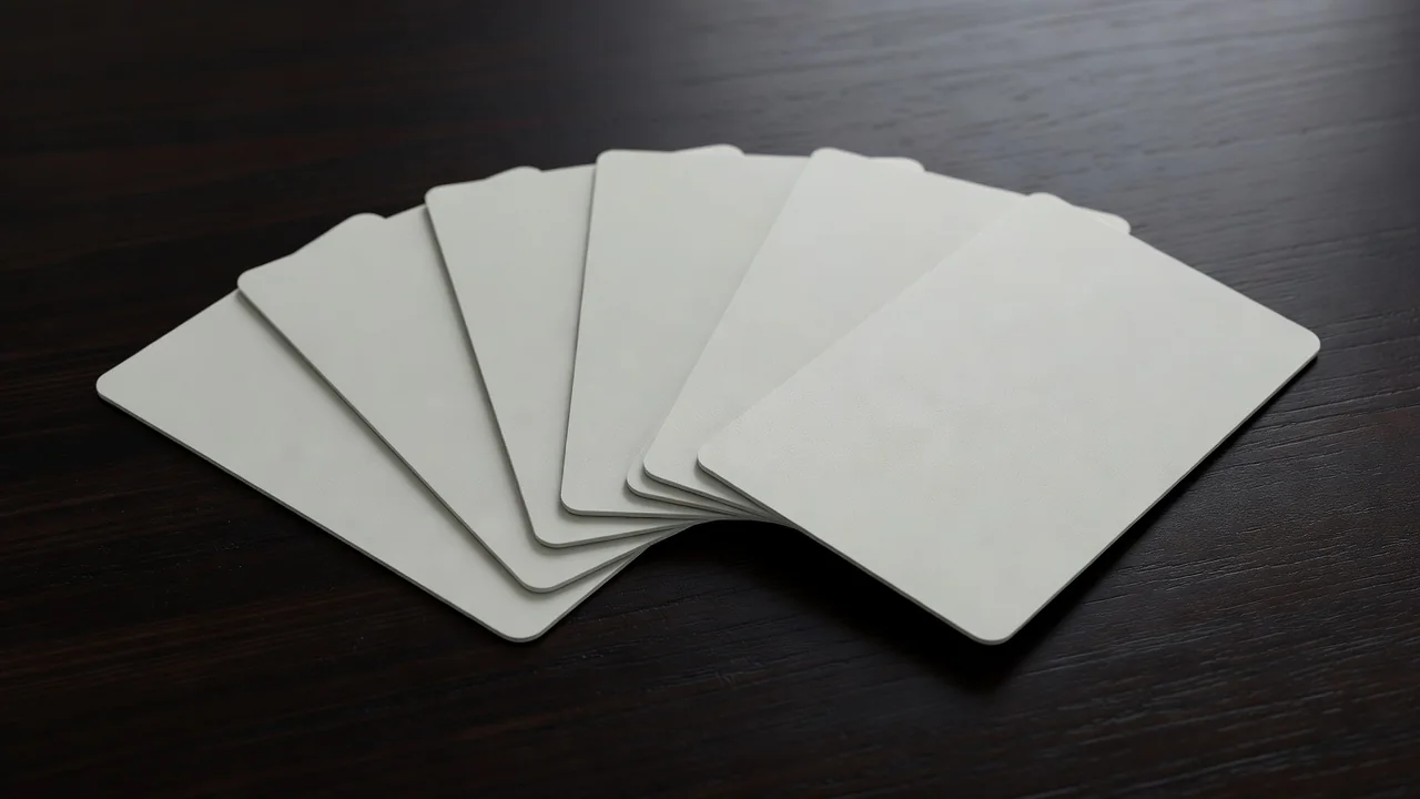 Blank matte bank cards fanned on a dark table