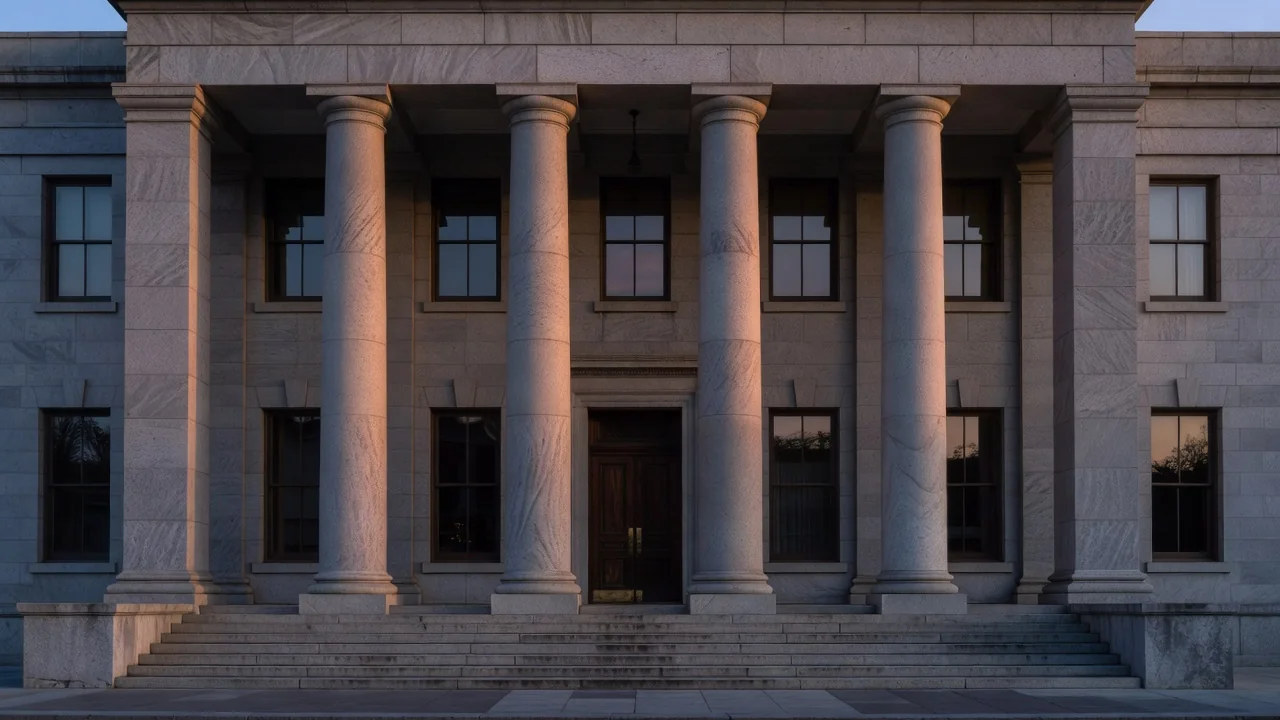 A classic bank building facade with tall stone columns at dusk