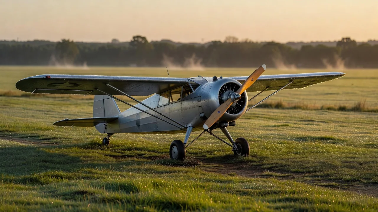 A vintage propeller airplane on a grass airfield at sunrise