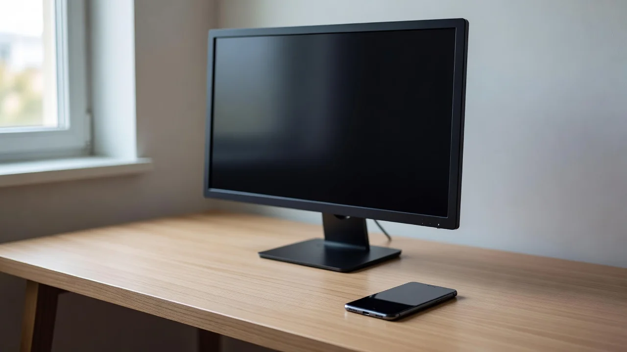 A desktop monitor with a dark screen beside a smartphone on a tidy desk