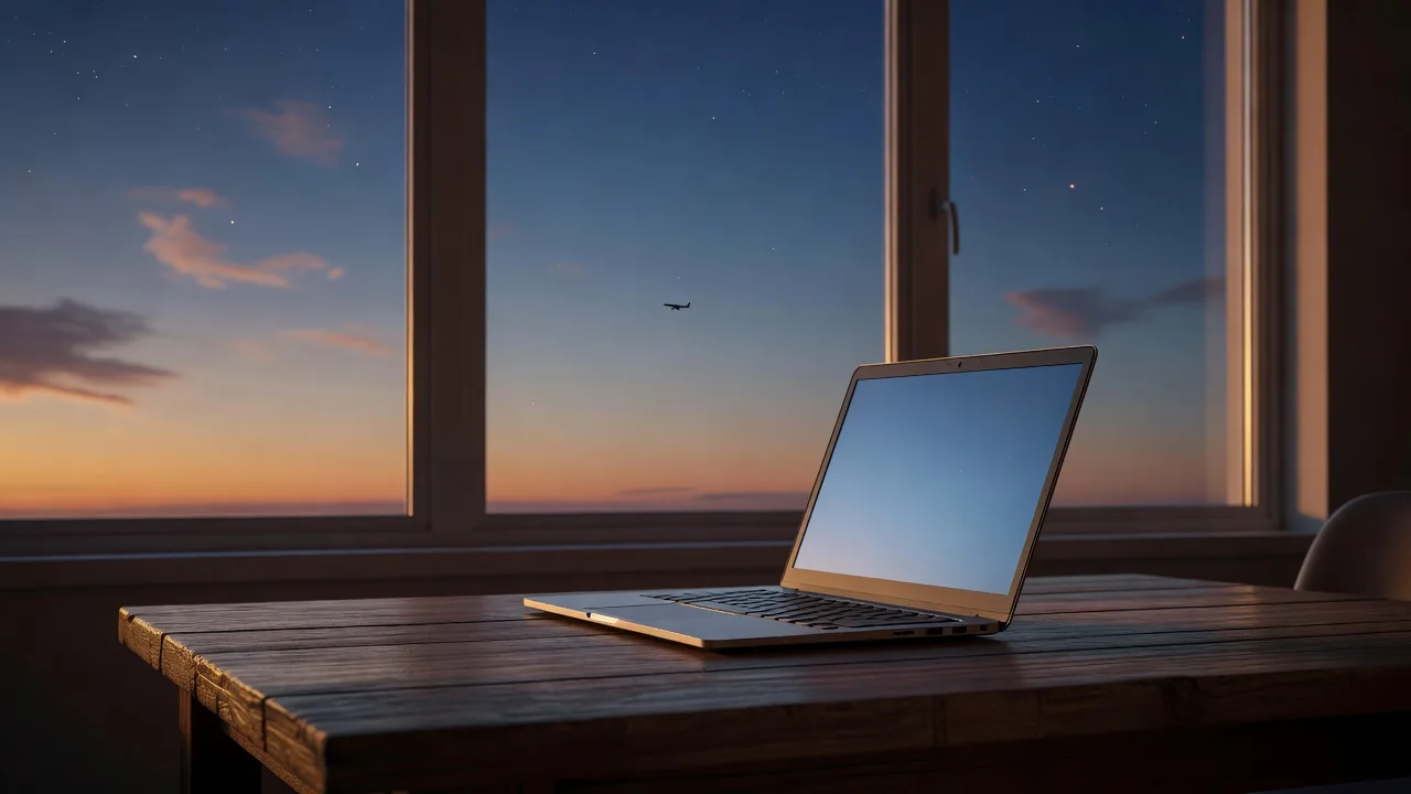 An open laptop near a window with a tiny airplane far in the evening sky