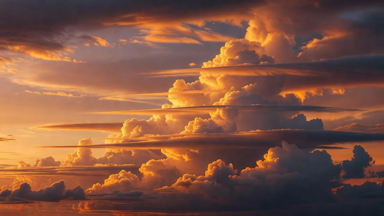 Layered clouds lit orange at sunset forming rising steps