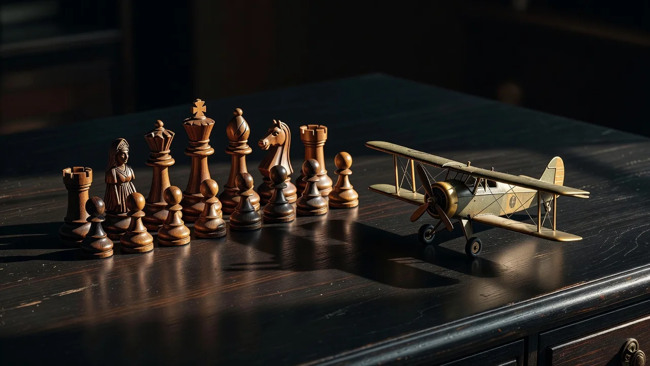 Wooden chess pieces beside a small model airplane on a dark desk