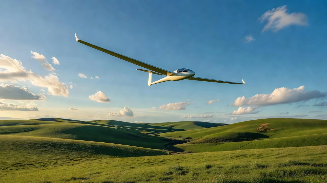 A glider soaring over green rolling hills under a wide sky