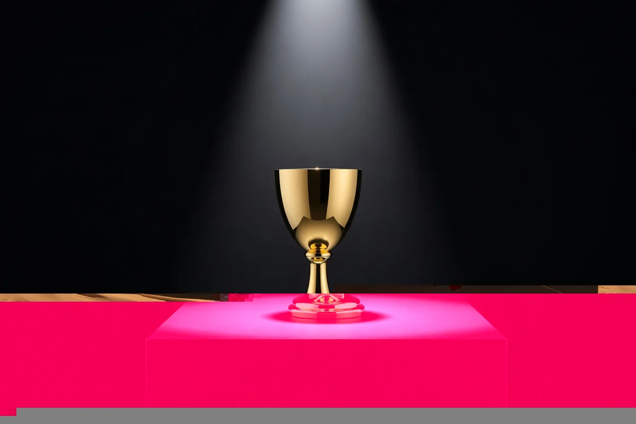 A golden trophy cup without engravings on a dark podium under a spotlight