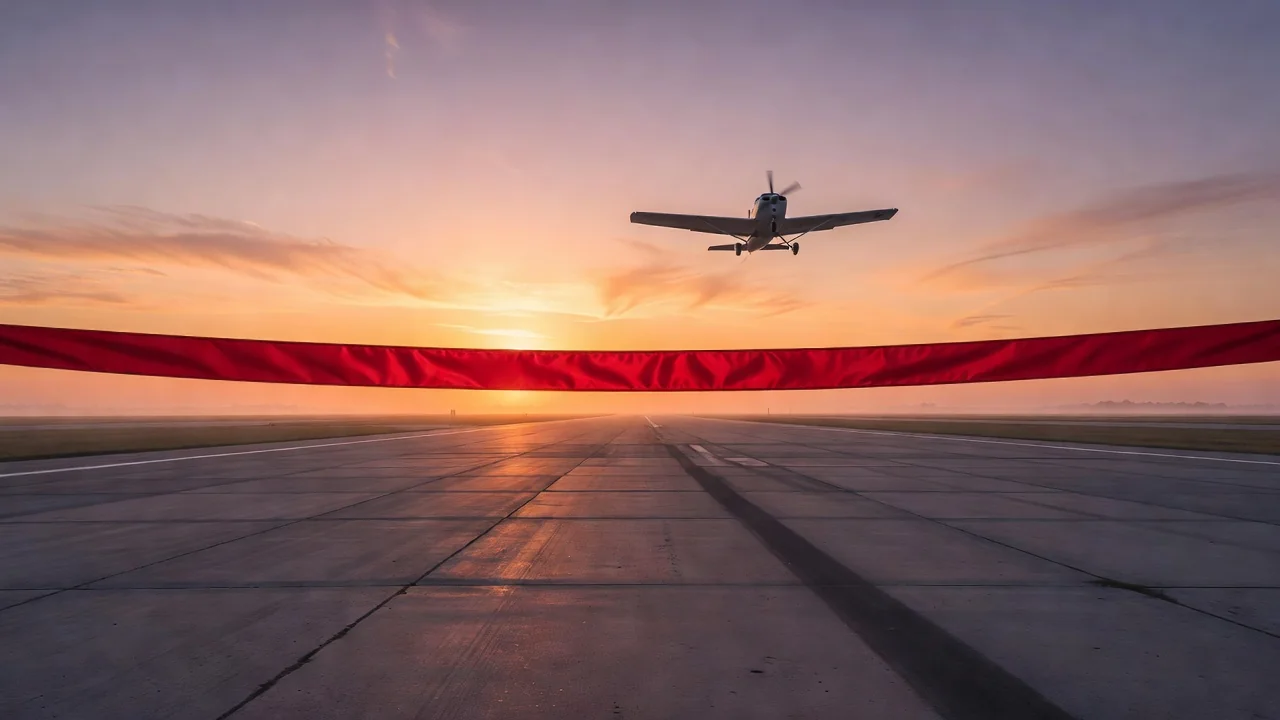 A small airplane pulling a long blank white banner across a blue sky