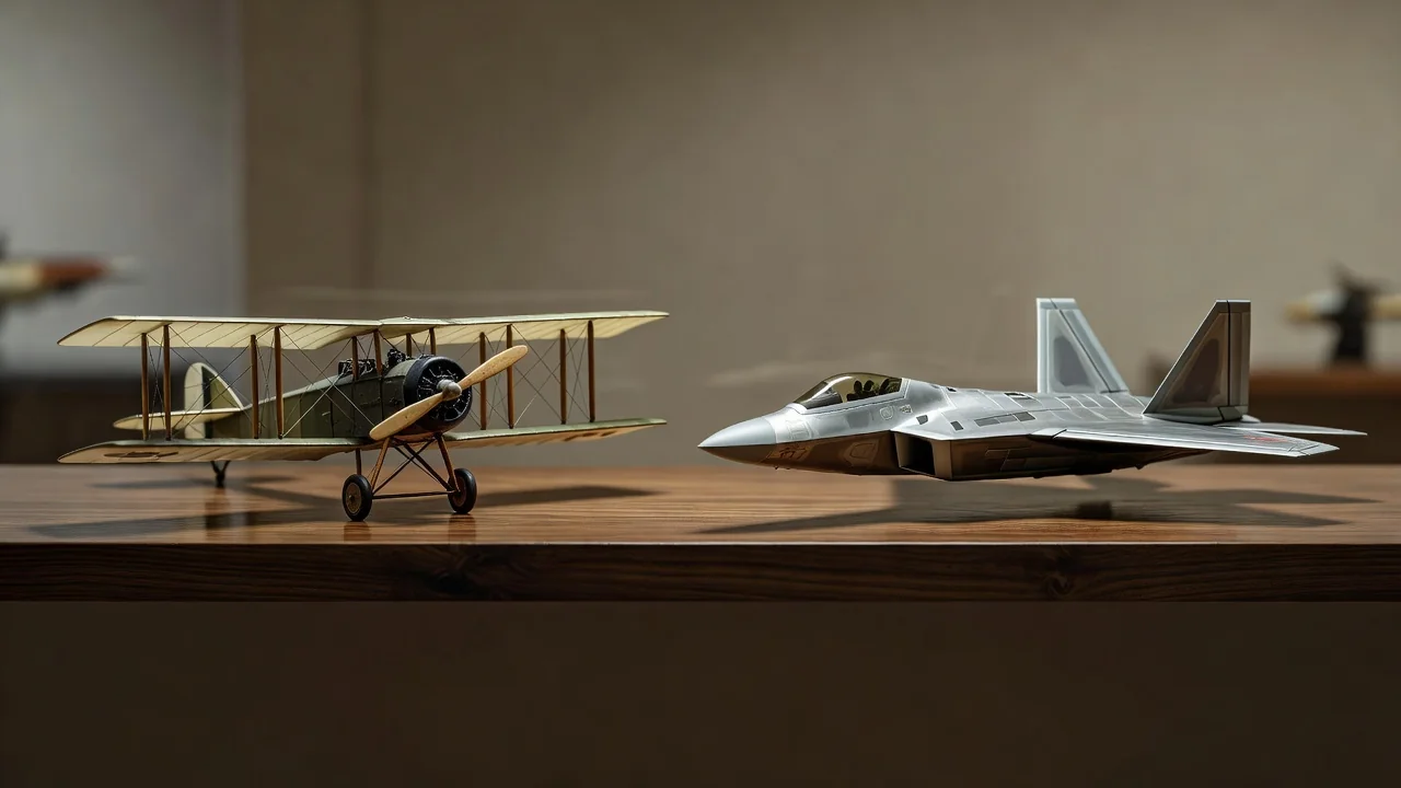 Two model airplanes of different eras standing side by side on a shelf