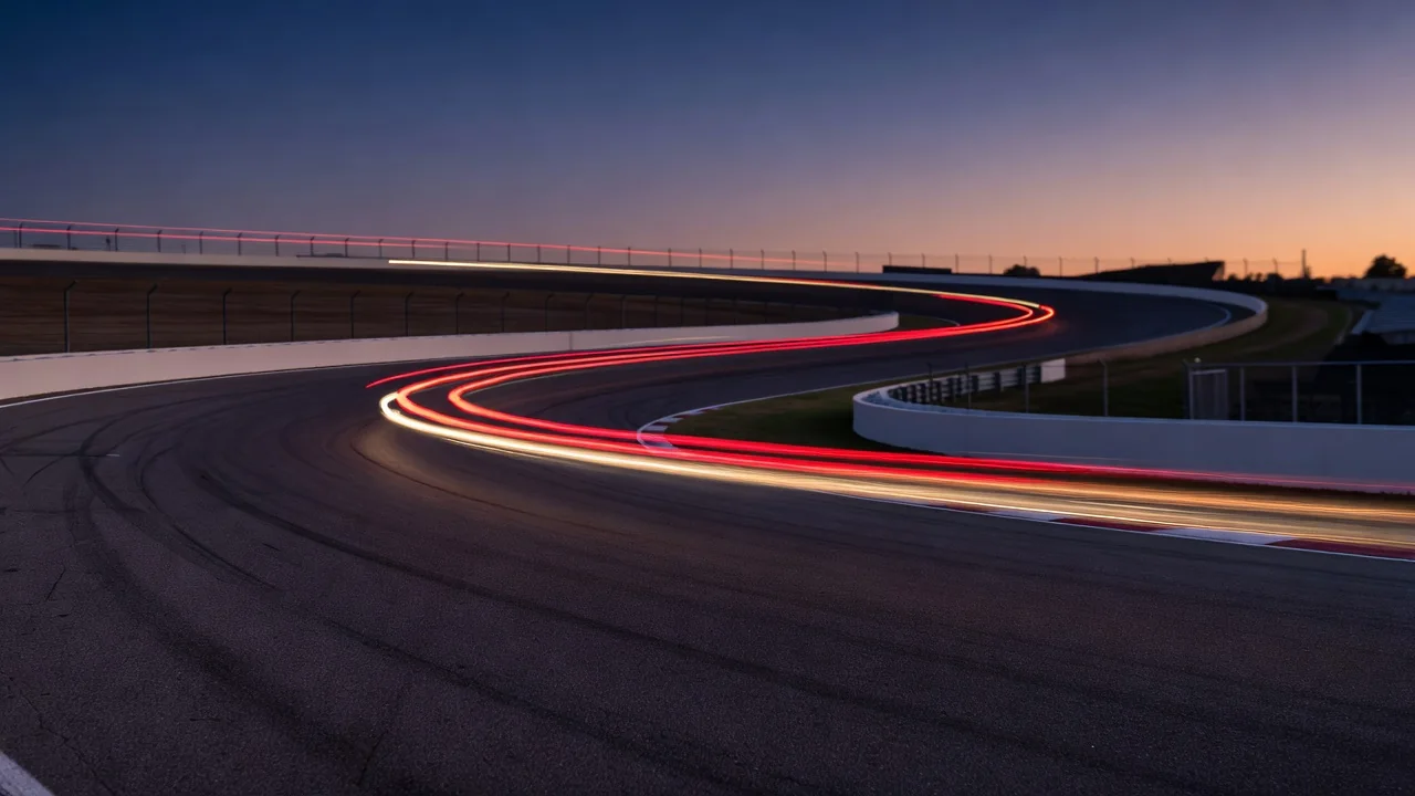 An empty racetrack curve at dusk with red and white light trails