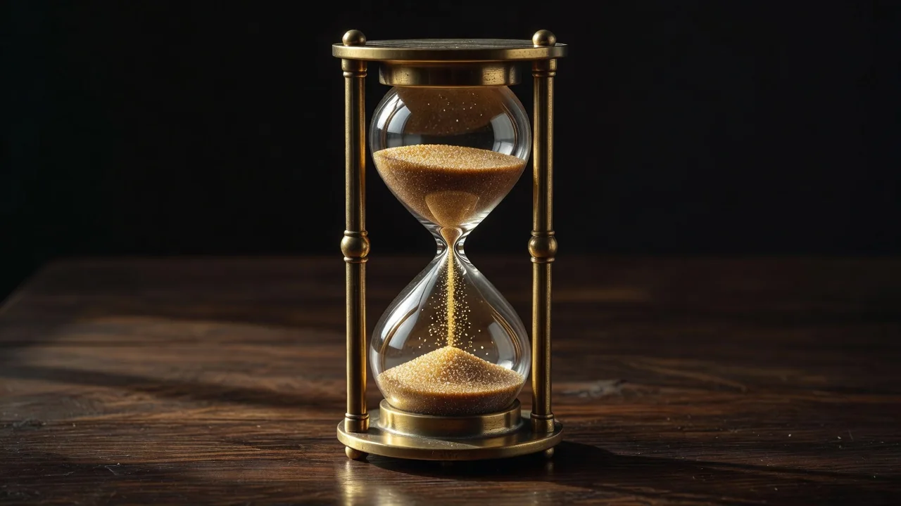 A brass hourglass on a dark wooden table in warm light
