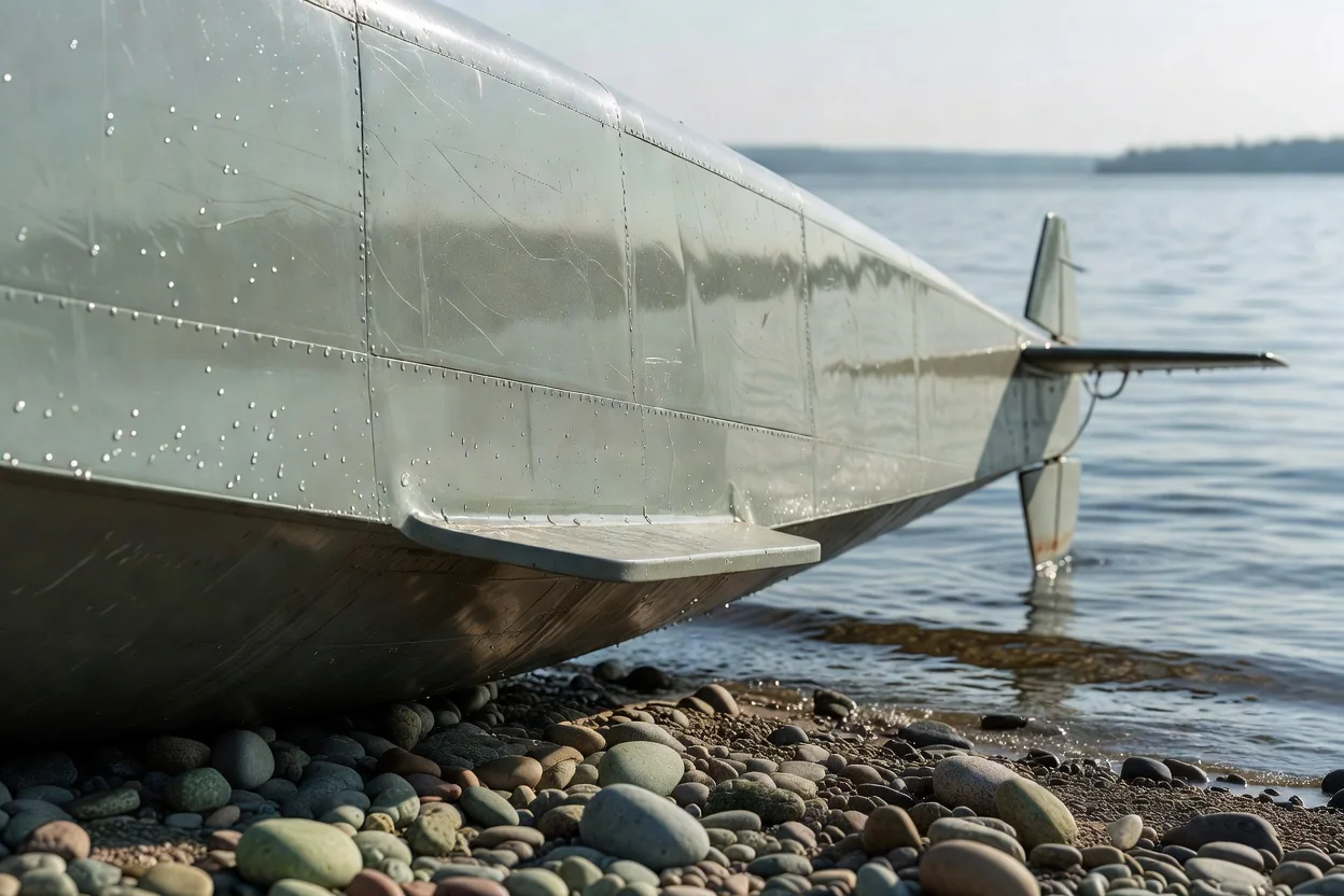 Fly Synthesis Catalina NG composite amphibian resting half-beached on a grassy lakeshore with its hull and retracted gear visible against calm water