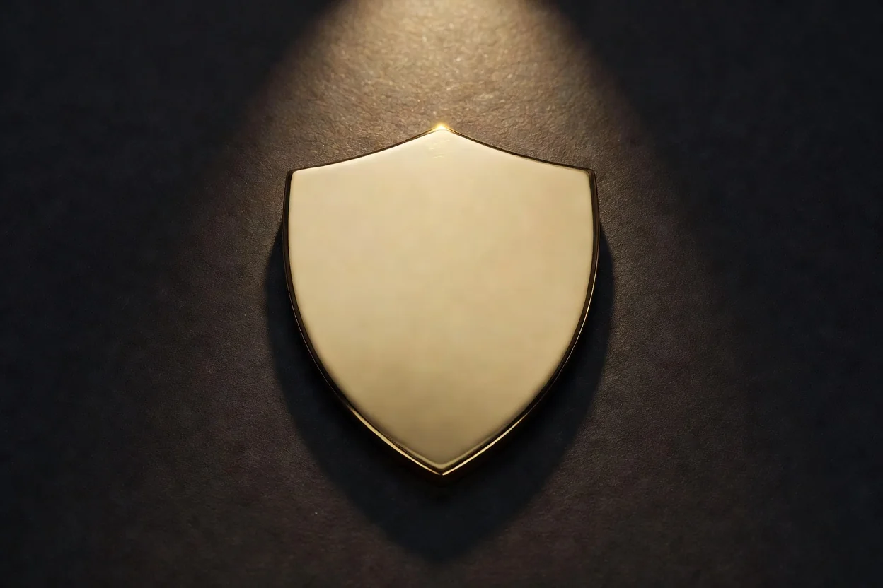 A plain polished brass shield emblem on a dark surface under a spotlight