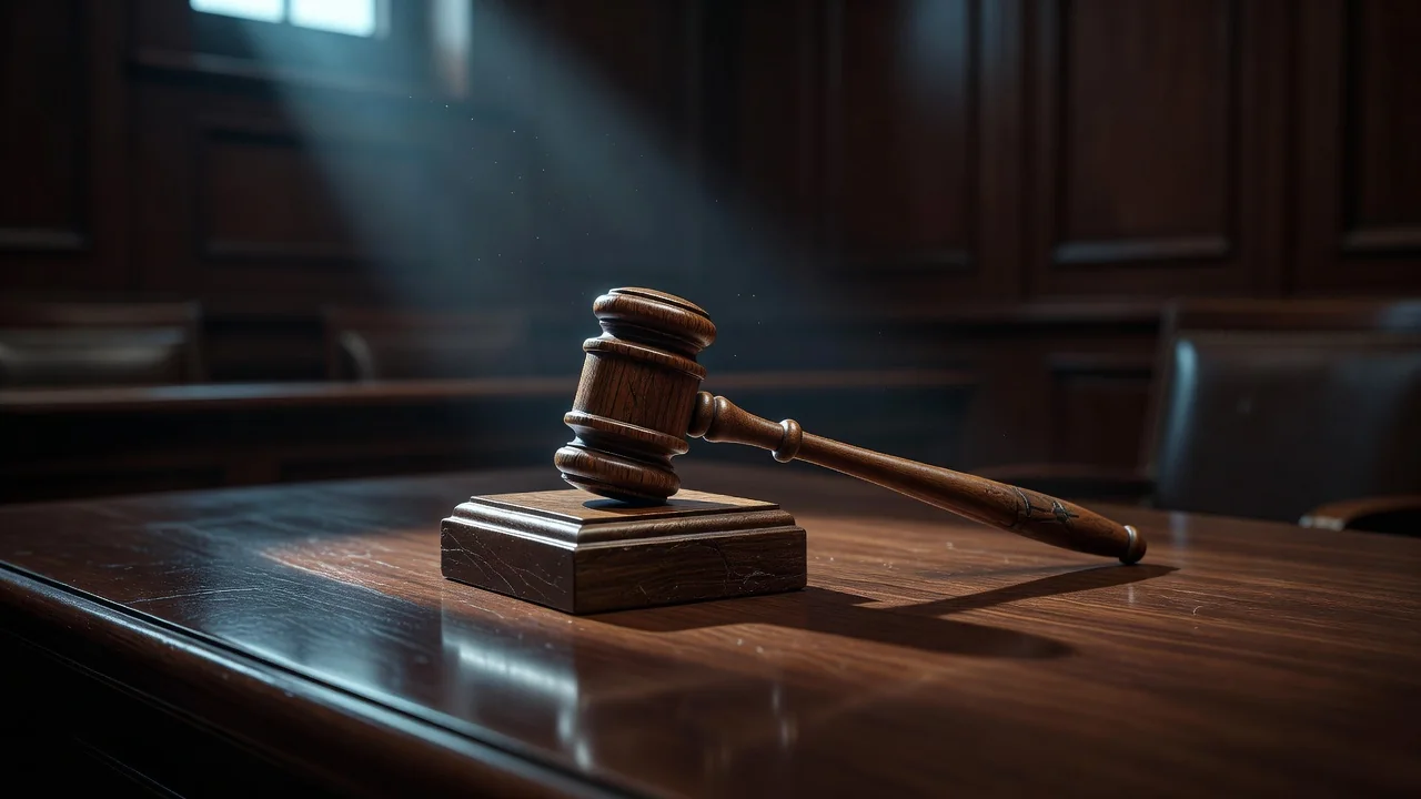 A wooden gavel resting on its sounding block in moody light