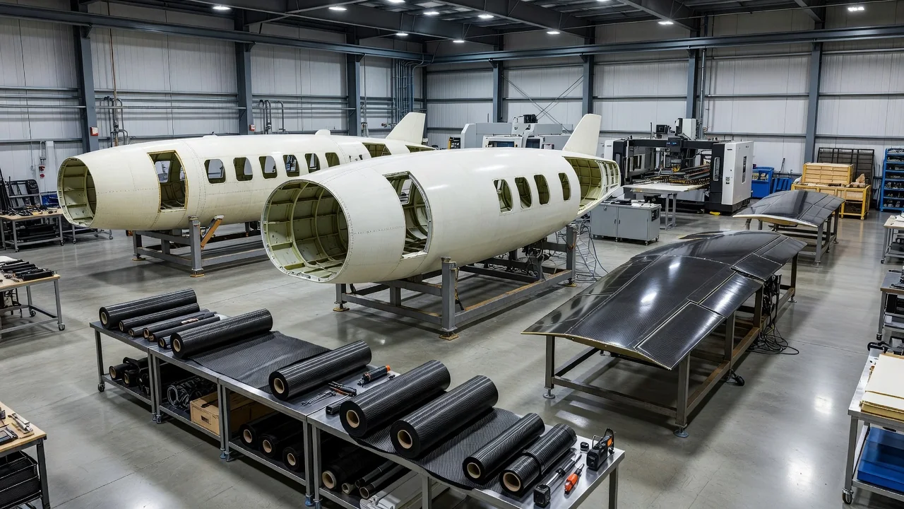 Composite ultralight aircraft inside a bright assembly hangar with carbon fiber wings under construction