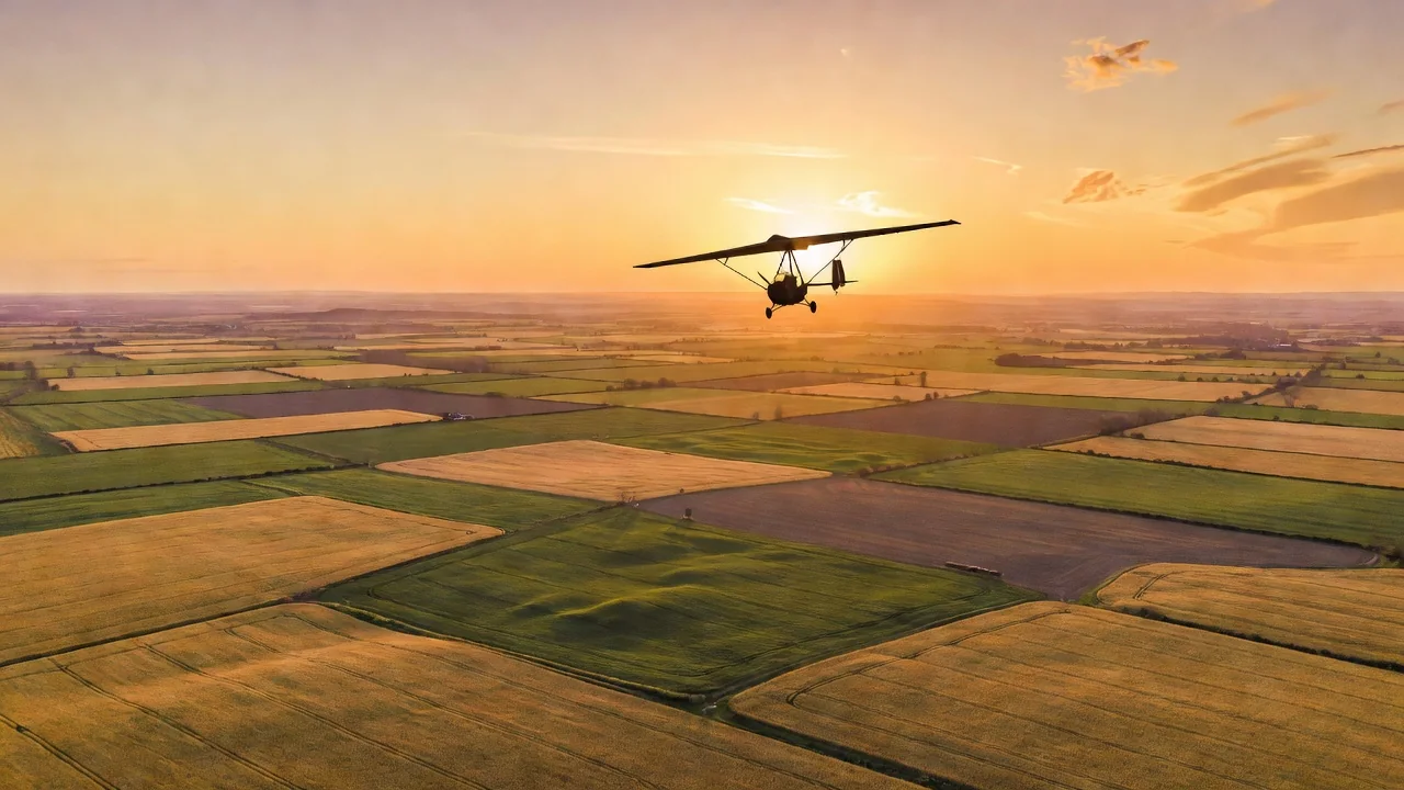 Ultralight aircraft silhouette flying above patchwork farmland fields in golden evening light