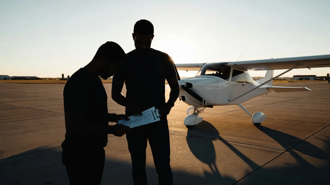 Flight instructor and student reviewing a checklist beside a small white sport aircraft on a sunny apron