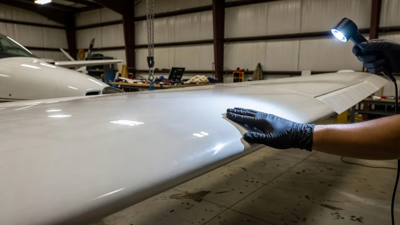 Mechanic inspecting the smooth white composite wing surface of a light aircraft in a hangar