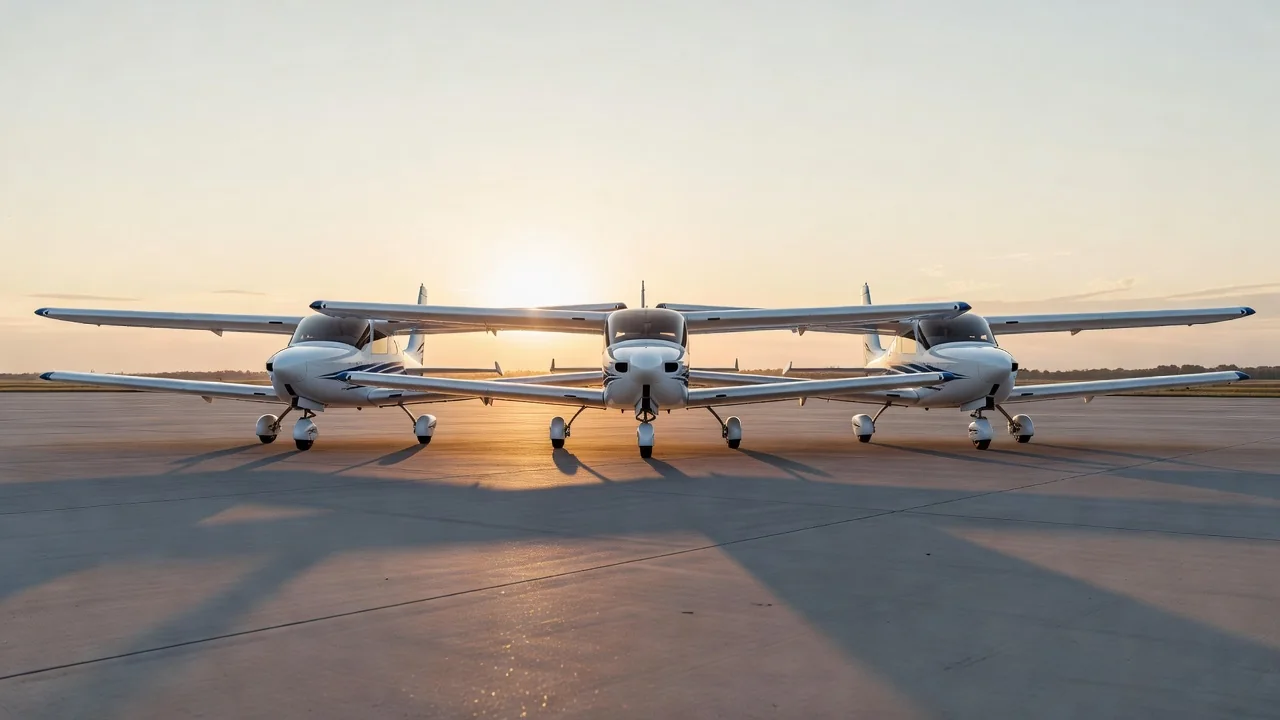 Three small composite sport aircraft parked in a row on an airfield apron in morning light