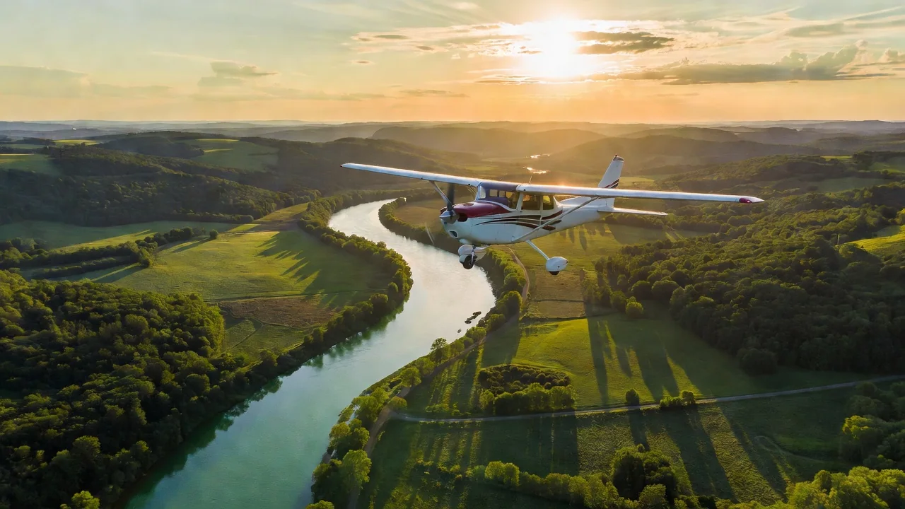 High-wing ultralight aircraft with gull-wing doors flying low over a green valley at sunset