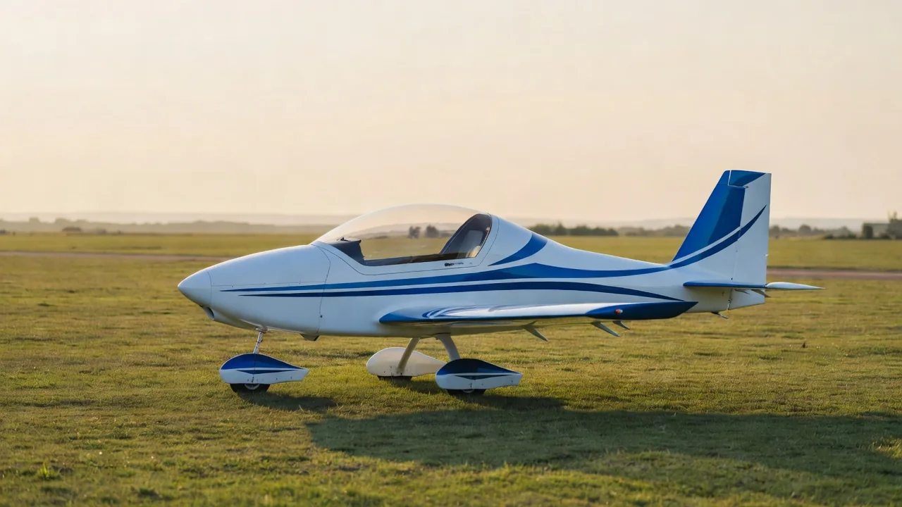 White and blue low-wing composite ultralight aircraft with bubble canopy parked on a grass runway