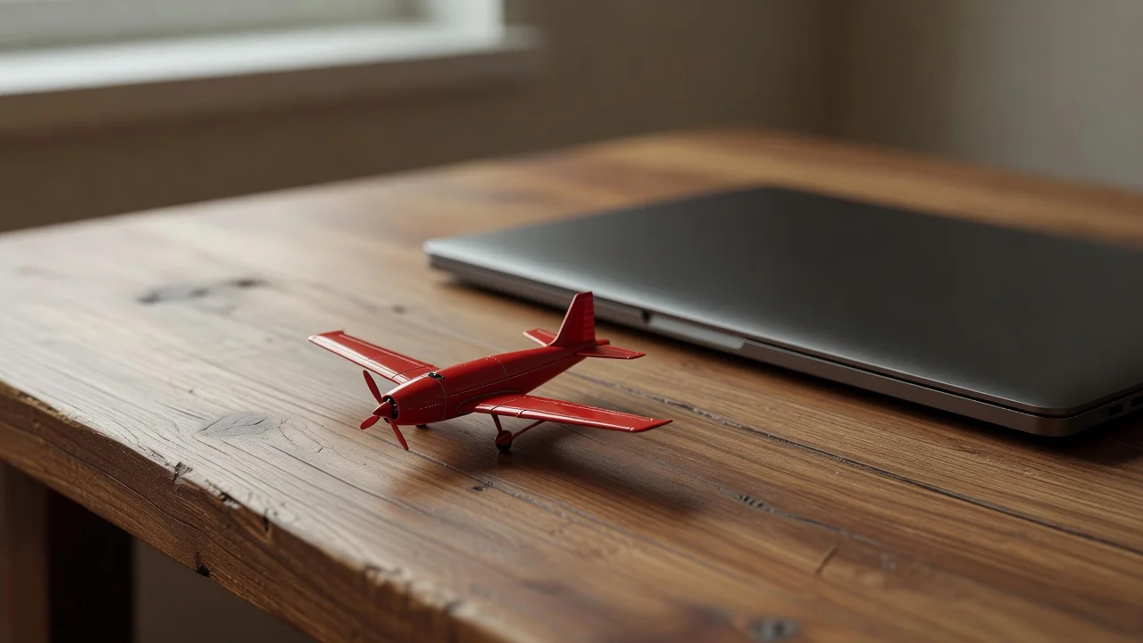 A red model airplane on a wooden desk beside a closed laptop