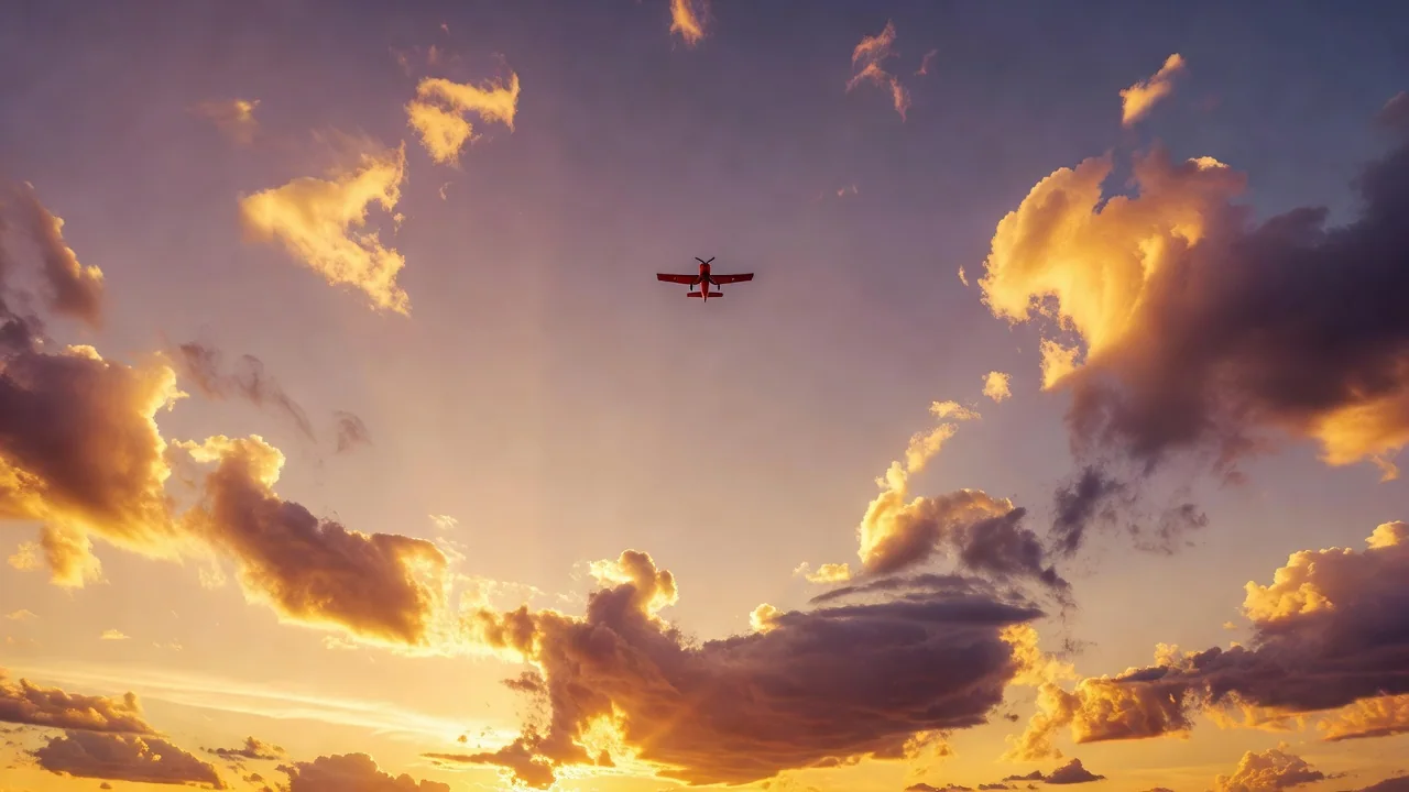 A small red plane flying above golden sunset clouds