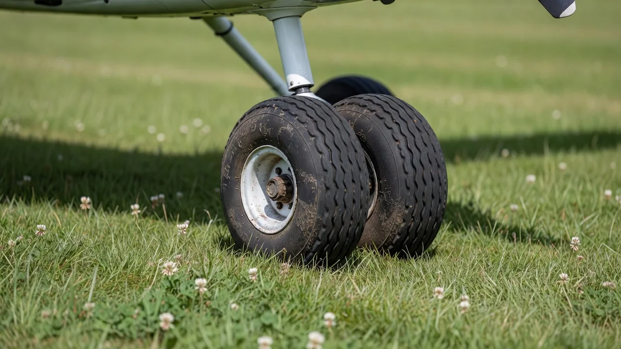 Empty grass airstrip with short mown runway, 50-foot tree line at far end, clear blue sky, no aircraft or people visible
