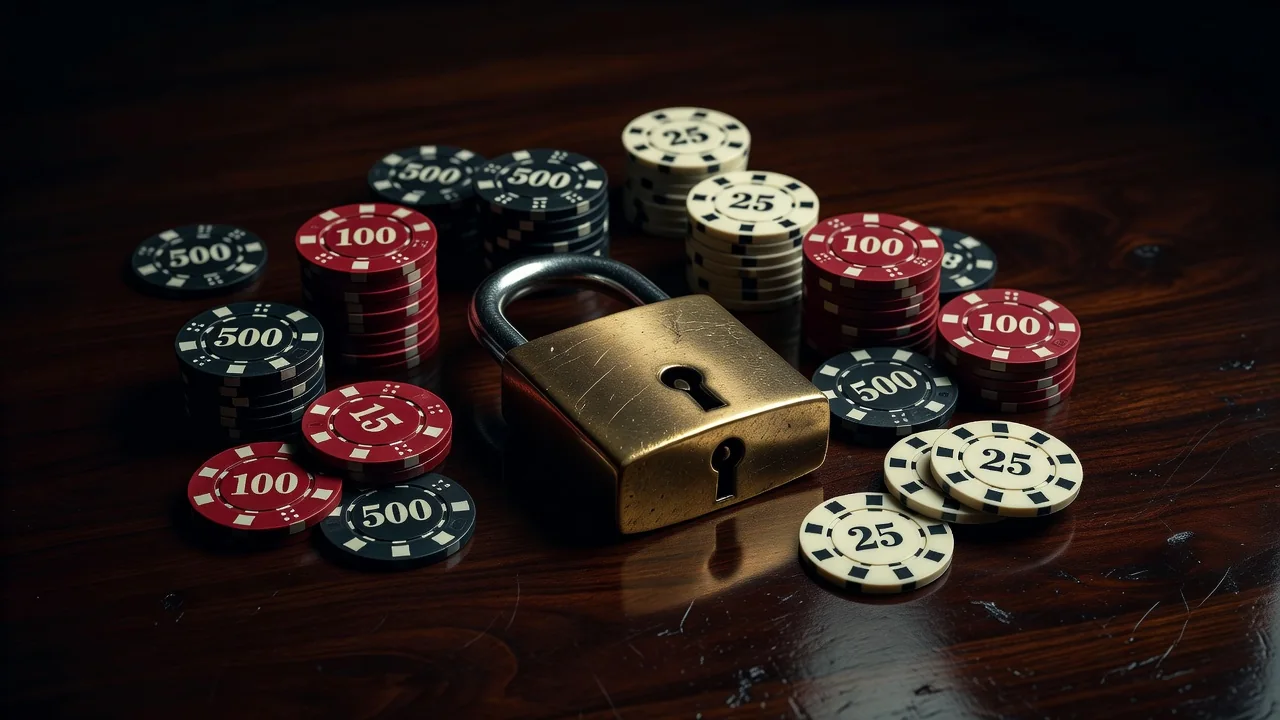 Padlock and casino chips, security still life for Winoui